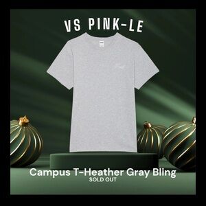 🌺Victoria’s Secret PINK-LE & SO-Campus Cotton Tee-Heather Gray Bling Sz M-NWT